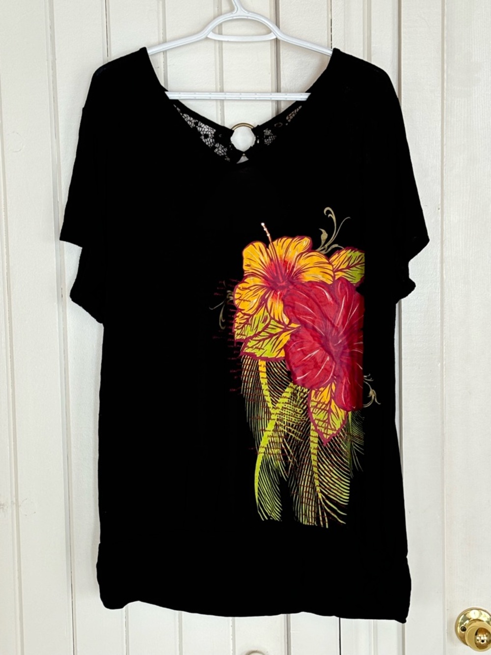 George Black Short-Sleeve Tee with Red & Yellow Floral Print